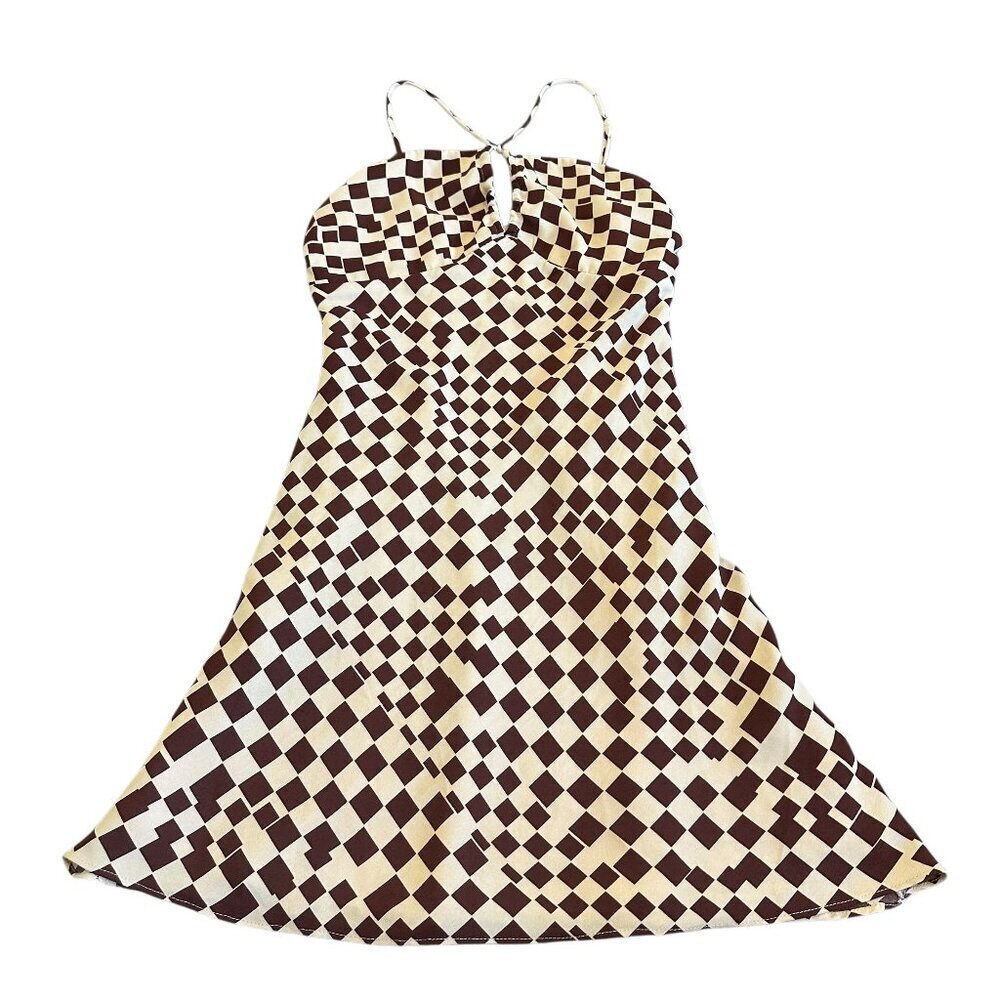 Cotton Candy LA Burgundy Checker Print Mini Dress Skater Spaghetti Strap Small